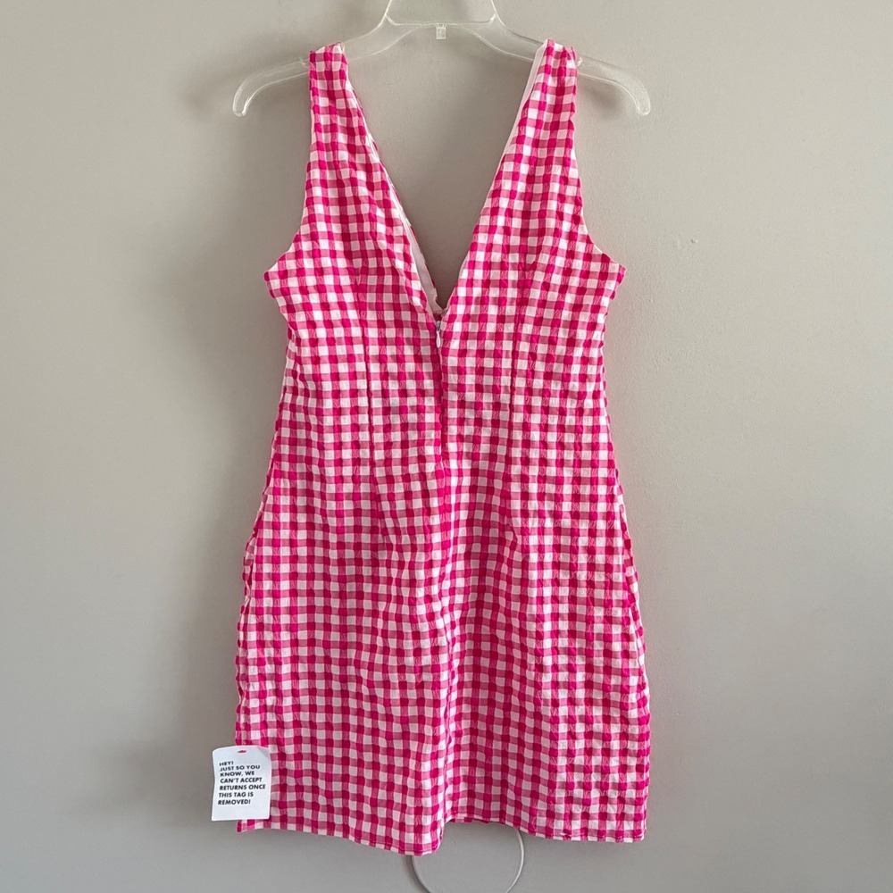 ASOS Pink Gingham Seersucker Mini Dress V-Neck Sleeveless Check Size 6 NWT - Picture 2 of 9